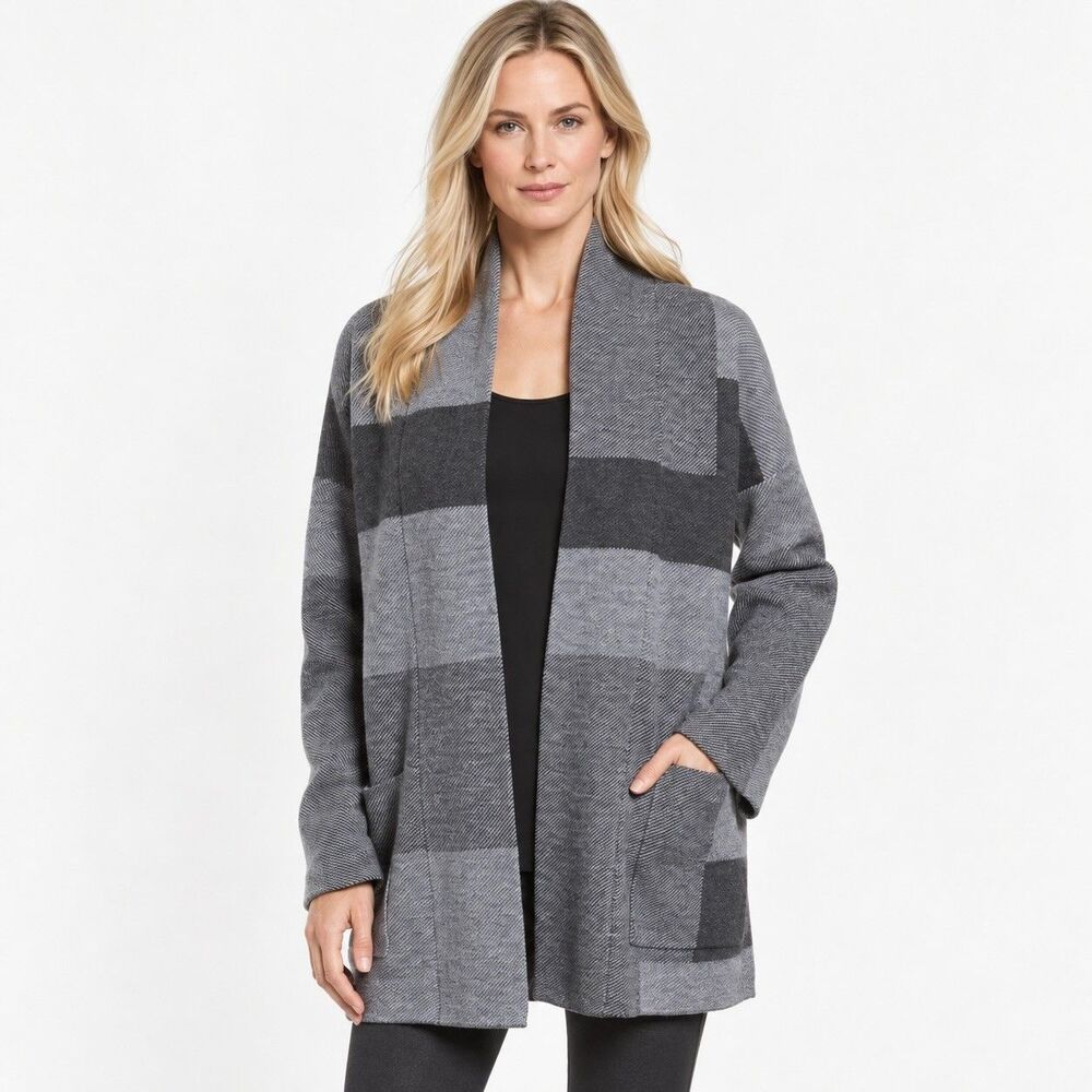 Eileen Fisher Merino Wool Jacquard Longline Jacket Size M Ash Grey Color Block
